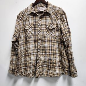 Wrancher Womens Plus Pearl Snap Shirt Size 2X Long Sleeve Brown Plaid